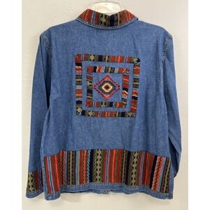Christina Hope Women's Denim Jacket Size 14 Embroidered Aztec Pockets VTG
